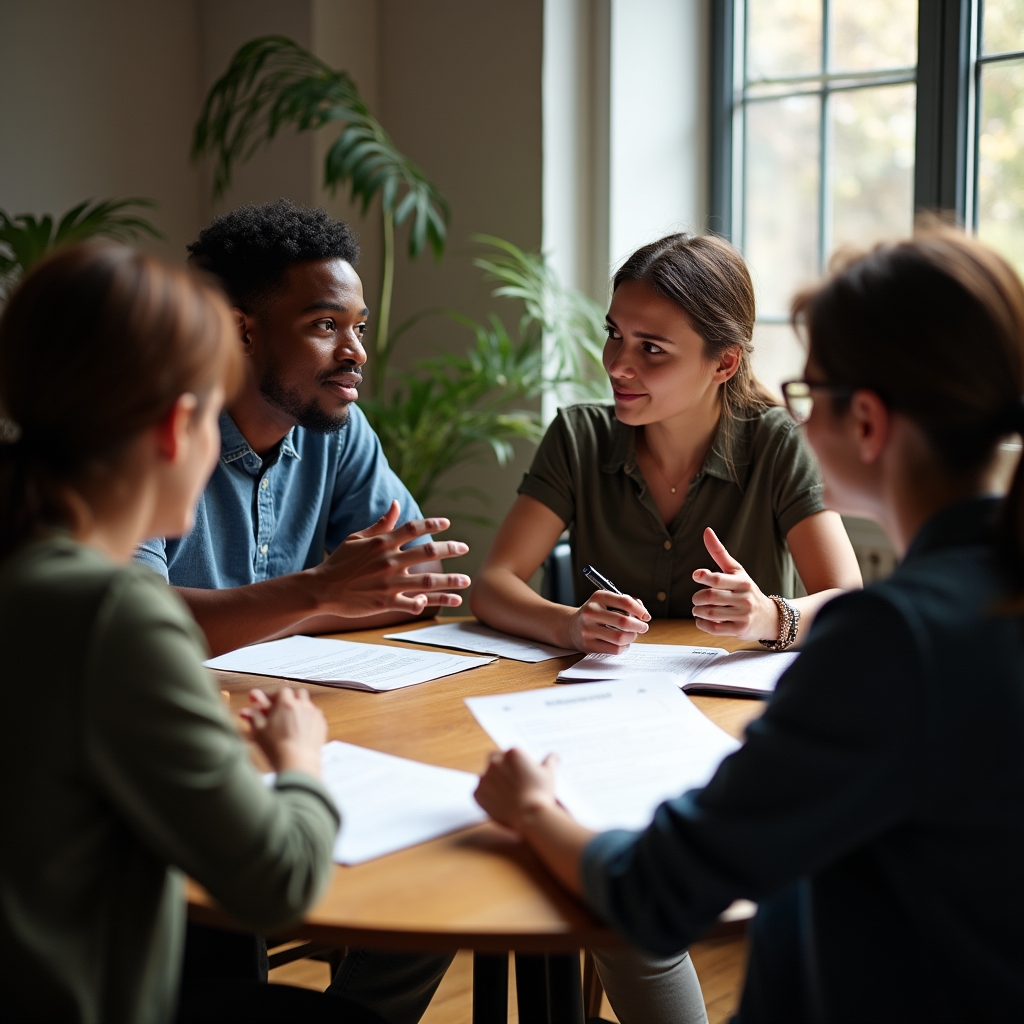 Team leads gathered around a table comparing notes on a printed worksheet during a discussion