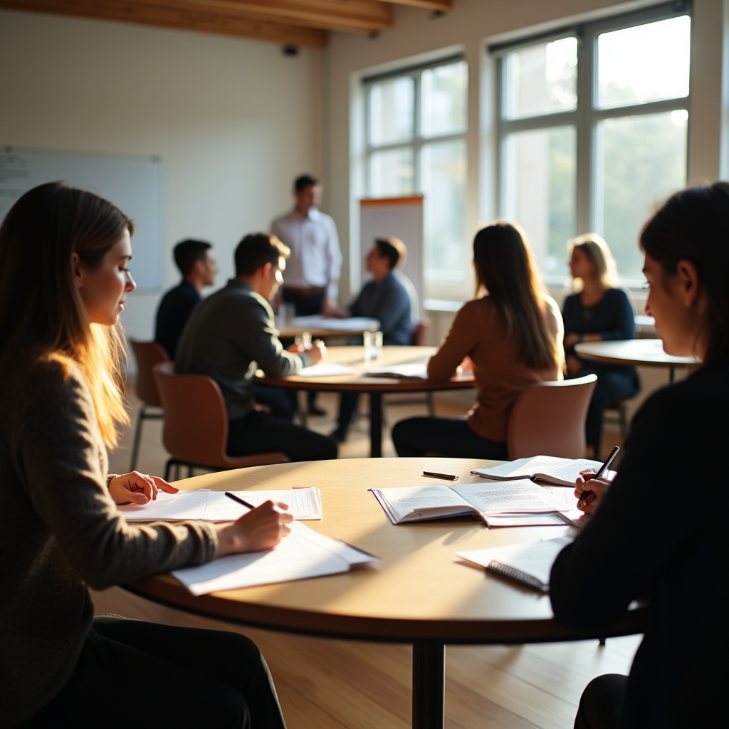 Wide shot of a workshop room with participants seated at round tables, working individually on worksheets